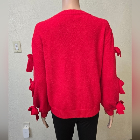 Molly Bracken By ANTROPOLOGY Red Cable Knit Sweater with Bow Details Size Lge - Picture 8 of 13